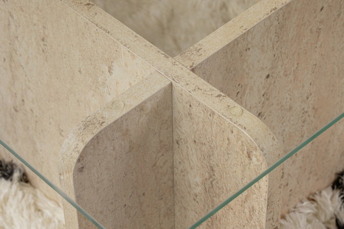 Nordure Mesa de Centro Flavio Mármol Travertino Tapa Cristal Templado Marco Melamina 105x30x65 cm
